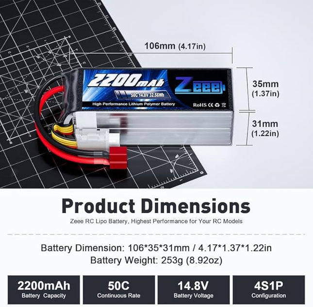 Zeee 4S Lipo Battery 2200mAh 14.8V 50C Soft Pack RC Battery with T Connector for RC Car Boat Truck Helicopter Airplane UAV Drone FPV RC Hobby (2 Pack)