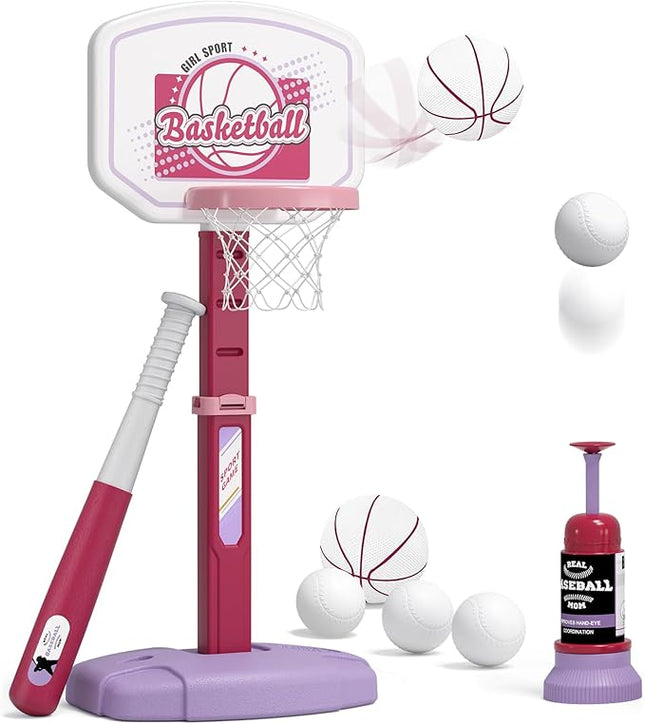 2 in 1 Kids Basketball Hoop and T Ball Set - Adjustable Height, Kids Baseball Tee with Automatic Pitching Machine, Indoor Outdoor Sport Toys Gifts for Toddler Boys Girls Age 1-5, Pink