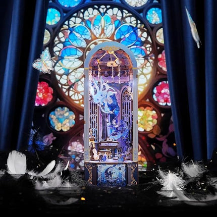 Tonecheer DIY Book Nook Kit for Adults, 3D Wooden Puzzle Music Box Bookend, Rotation Miniature House Booknook Bookshelf Insert Decor with Dust Cover and LED Light (Swan Dream)