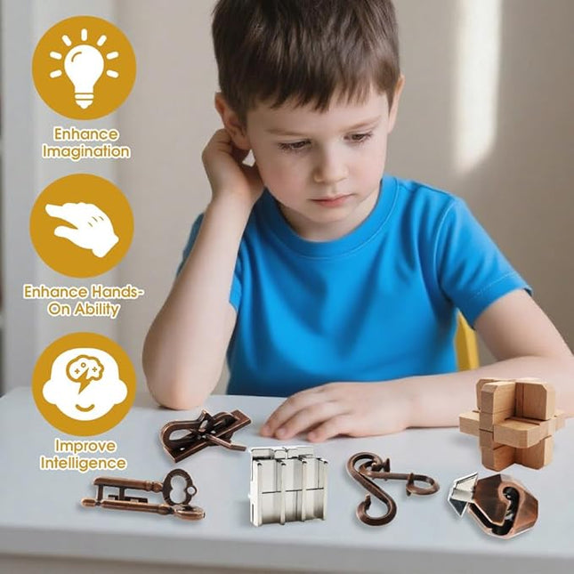 9PCS Brain Teaser Puzzles for Adults, Mind Puzzle Ancient Wooden and Metal Puzzles 3D Unlock Interlock IQ Education Puzzle Box Game for Adults
