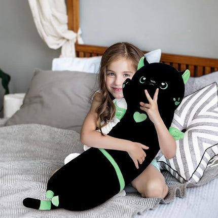 43in Long Plush Toy Cat Pillow Cute Plush Cat Toy Doll Stuffed Animal Cat Hugging Pillow for Sleeping Gift for Kids and Girls(Black&Green,110cm/43.3in)