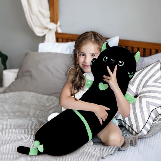 43in Long Plush Toy Cat Pillow Cute Plush Cat Toy Doll Stuffed Animal Cat Hugging Pillow for Sleeping Gift for Kids and Girls(Black&Green,110cm/43.3in)
