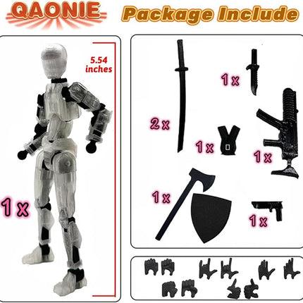 (Assembly Completed) 3D Printed Figure 5.54-inch Dummy13 with Weapon Expansion Set, Full Body Mechanical Movable Toy, Desk Decoration. (Transparent)