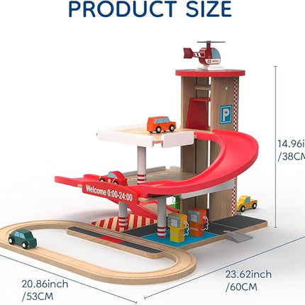 Toy Car Garage with Rails, Wooden Parking Garage Toy Playset w/Elevator, Toddler Race Car Ramp Track Toy Set with 4 Mini Cars for Old Boys and Girls Kids Ages 3+ Birthday Gift Christmas