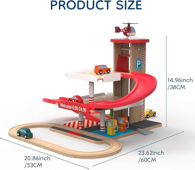 Toy Car Garage with Rails, Wooden Parking Garage Toy Playset w/Elevator, Toddler Race Car Ramp Track Toy Set with 4 Mini Cars for Old Boys and Girls Kids Ages 3+ Birthday Gift Christmas