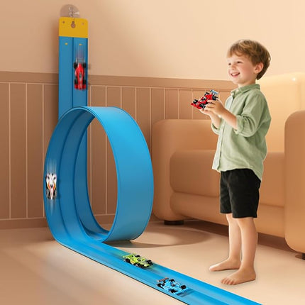 Flexible Track 16.4 Ft Starter Set, Flexible Race Car Ramp Track for Ages 3 & Up with Suction Cups Compatible with Hot Wheels and Diecast 1/64th Cars