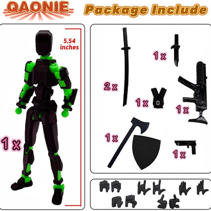 (Assembly Completed) 3D Printed Figure 5.54-inch Dummy13 with Weapon Expansion Set and Bracket, Full Body Mechanical Movable Toy, Desk Decoration. (Black+Green)