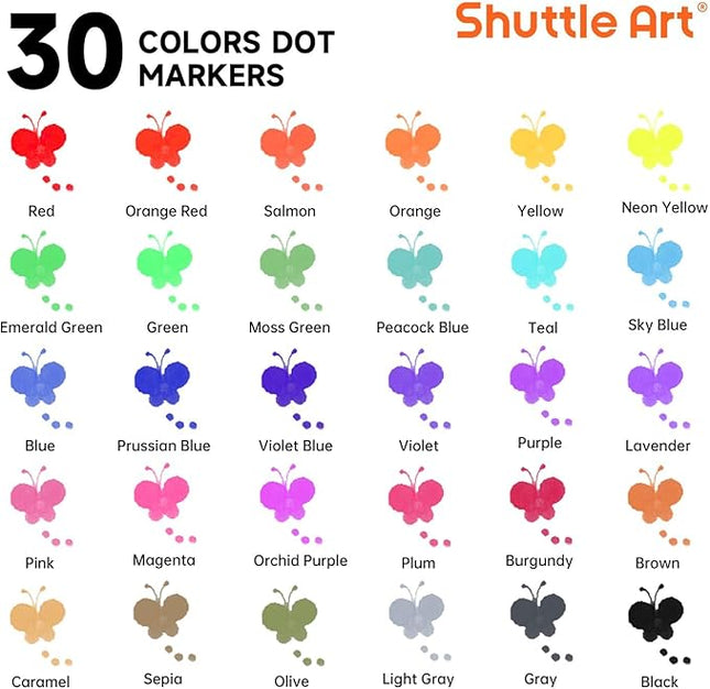 Shuttle Art Dot Markers, 30 Colors Washable for Toddlers with Free Activity Book, Bingo Daubers Supplies for Kids Preschool Children, Non Toxic Water-Based Dot Art Markers
