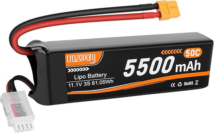 Crazepony 3S Lipo Battery 5500mAh 11.1V 50C RC Battery with XT60 Connector for RC Car Truck Airplane Helicopter Plane Quadcopter Boat Racing