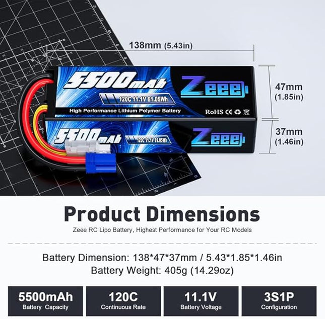 Zeee 3S Lipo Battery 5500mAh 11.1V 120C Hard Case RC Battery with EC5 Connector for RC Car 1/8 1/10 Scale Vehicles Tank Truck Boats Helicopter Racing Hobby (2 Pack)