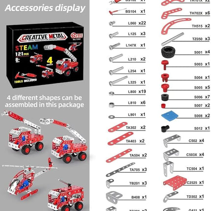 Stem Building Toys for Boys Age 8-12,Creative Sets Fire Trucks Series Model Kit,Assembly Toys for Kids,Metal Building Blocks for Model 4 in 1 Fire Fighting Cars(121PCS)