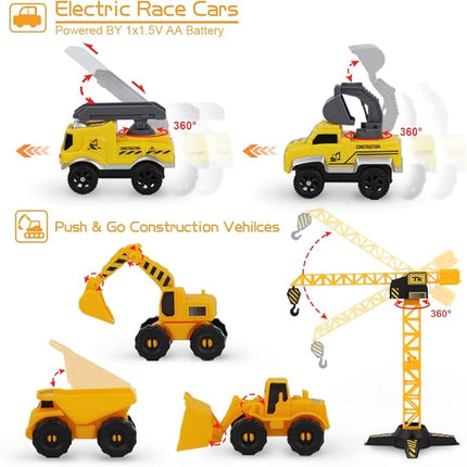 Construction Race Tracks Set, Flexible Train Tracks w/ 2 Electric Construction Race Vehicles w/Lights, STEM Engineering Race Track Toys with Dump Truck, Crane Assort Acessories for Boys Girls