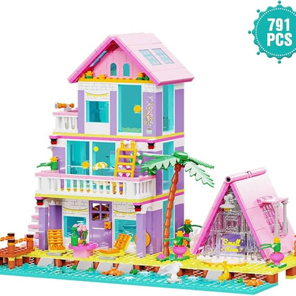 Girl Beach House Building Blocks Toys for Girls Age 8+, Seaside Villa Friends Building Set with Light, 791pcs Mini Bricks
