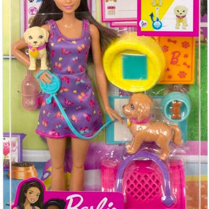 Barbie Pup Adoption Doll & Accessories Set with Color-Change, 2 Pets, Carrier & 10 Accessories, Brunette in Purple Dress