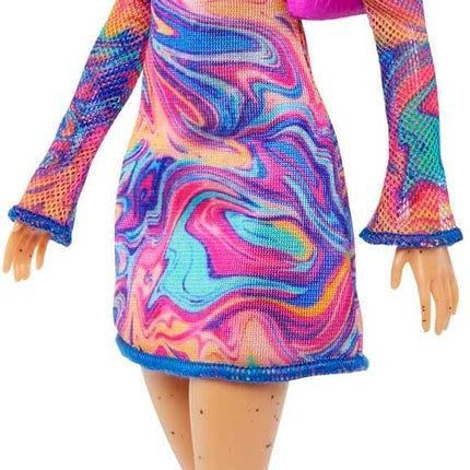 Barbie Fashionistas Doll #206 with Crimped Hair & Freckles Wearing Removable Rainbow Marble-Print Dress, Green Mules & Purse