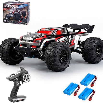 X-Verse 16102 1/16 Fast RC Cars for Adults, Max 38 mph Carbon Brush Motor RC Car All Terrain RC Truggy Waterproof Off Road Truck, 3 Battery(RED)