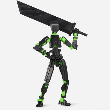 Pre-Assembly 3D Printed 5.54'' Dummy13 Action Figure, Multi-Jointed Tian13, Articulated T13 Desktop Decoration,12 in 1 Accessories, Best Birthday Festival Gift (Black+Green)