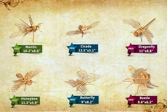 3D Wooden Insect Puzzle - 6 Piece Set Insect Animal Skeleton Assembly Model Puzzle - DIY Wooden Crafts 3D Puzzle - STEM Toys Gifts for Adults & Teens Birthday Gifts Christmas
