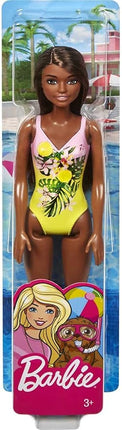 Barbie Fasshion Doll, Beach-Themed Brunette Wearing Pink & Yellow Floral Swimsuit