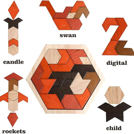 Skrtuan Wooden Puzzle Hexagon Tangram Puzzle for Kids Adults Brain Teasers Puzzles Game Challenge Toy Shape Pattern Block Tangram Family Portable Montessori Educational Gift for Kids Boys Girls
