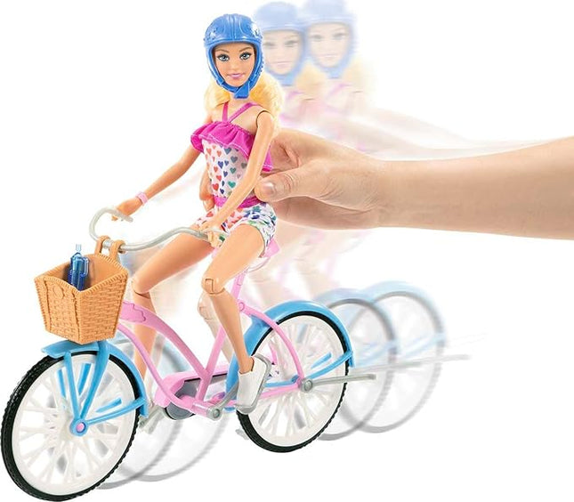 Barbie Doll and Bike Playset with Doll (11.5 in, Blonde), Bicycle with Rolling Wheels & Water Bottle Accessory, Gift for 3 to 7 Year Olds