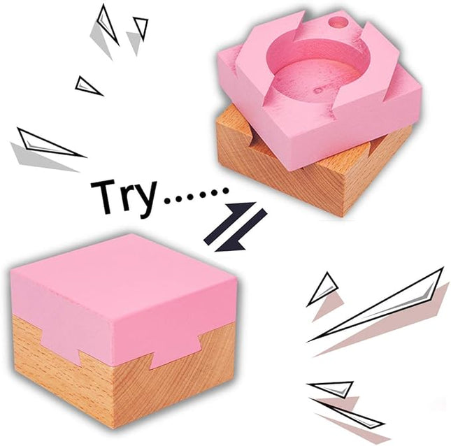 DC-BEAUTIFUL Wooden Magic Box Brain Teaser Box, Pink Secret Gift Box Impossible Puzzle Box for Birthday Valentines