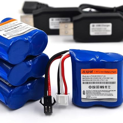(4-Pack) 7.4V 600mAh Li-ion Battery with SM-2P Plug for Skytech H100 H102 H106 H120 TKKJ Blue Boat Syma Q2 Q3 Q7 RC Ship 18350 Models