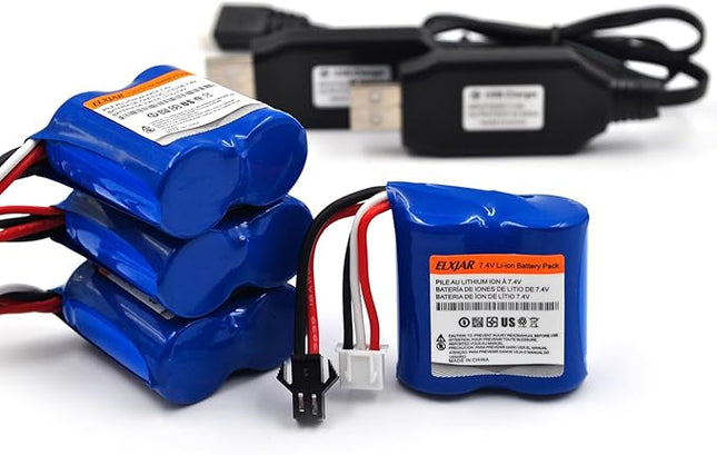 (4-Pack) 7.4V 600mAh Li-ion Battery with SM-2P Plug for Skytech H100 H102 H106 H120 TKKJ Blue Boat Syma Q2 Q3 Q7 RC Ship 18350 Models