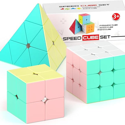 Vdealen Speed Cube Set, 2x2x2 3x3x3 Pyramid Magic Cube Set, Puzzle Cube Toys Birthday Party Christmas Stocking Stuffers Gift for Kids Teens Adults(Macaron Stickerless)