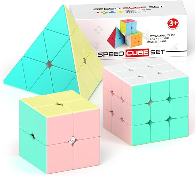Vdealen Speed Cube Set, 2x2x2 3x3x3 Pyramid Magic Cube Set, Puzzle Cube Toys Birthday Party Christmas Stocking Stuffers Gift for Kids Teens Adults(Macaron Stickerless)
