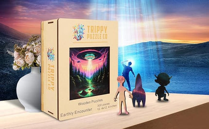 Wooden Jigsaw Puzzle for Adults - Challenging 300 Piece Puzzle with Cool Shapes - UFO Alien Landscape Puzzle Art - Paranormal Collection (Earthly Encounter)