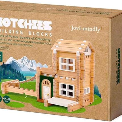 Jovi-mindly＆Notchies 107 Pcs Wooden Blocks Toys with Door and Windows,Classic Old Fashioned Toys,Wooden Building Blocks for Kids Ages 4-8 Boys and Girls,FSC Certified,Halloween Gifts