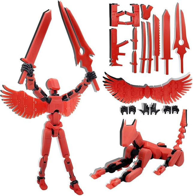 T13 Action Figures Set (Assembly Completed) Dummy 13 Titan 13 Robot Action Figure 3D Printed Robo Multi-Jointed Movable Action Figure Toy with Full Articulation (Red Black Figure + Dog)