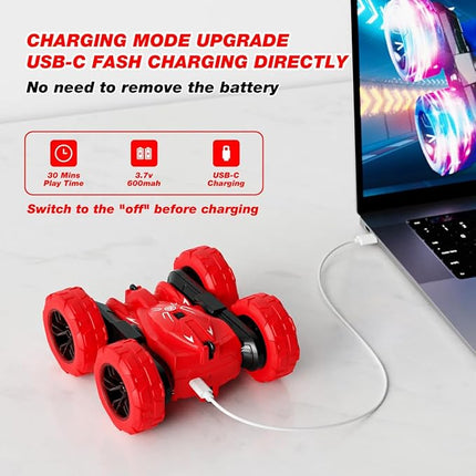 Remote Control Car, Rechargeable RC Cars Fast Direct Charging Car with Colorful Light, Double Sided 360° Flips RC Stunt 2.4Ghz 4WD All Terrain Race Cars Toys Xmas Gift present for Boys Girls Aged 3-12