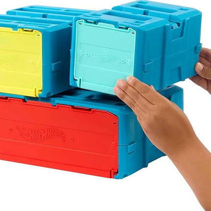 Hot Wheels Toy Car Track Set, Track Builder Playset Flame Stunt Pack with 16 Component Parts & 1:64 Scale Vehicle in Modular Storage Container