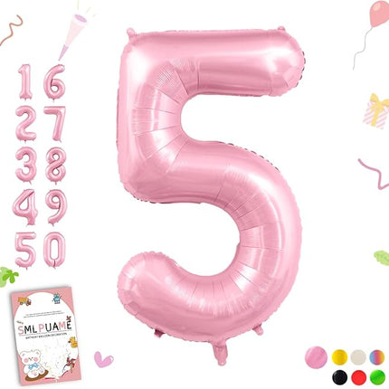 Smlpuame Pastel Pink 5 Balloons, 40 Inch Large Light Pink Foil Number Balloons 0-10, Self-Sealing 5th Birthday Balloon for Girls Women Anniversary Baby Shower Princess Party Decorations Supplies