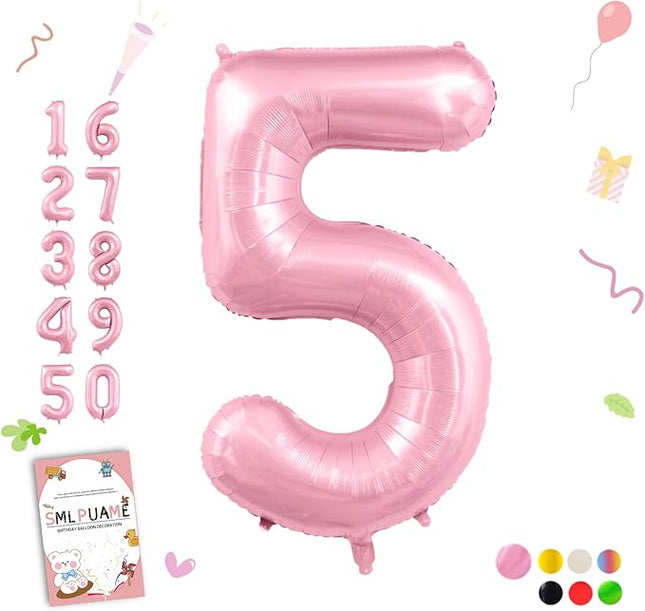 Smlpuame Pastel Pink 5 Balloons, 40 Inch Large Light Pink Foil Number Balloons 0-10, Self-Sealing 5th Birthday Balloon for Girls Women Anniversary Baby Shower Princess Party Decorations Supplies