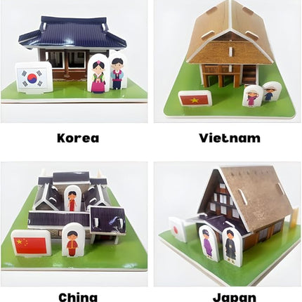 3D Puzzle Set - Traditional Houses Collection: Build 8 Country Models with Authentic Costumes, DIY Kit for Hobbyists, Creative Toy and Home Decor (Asia)