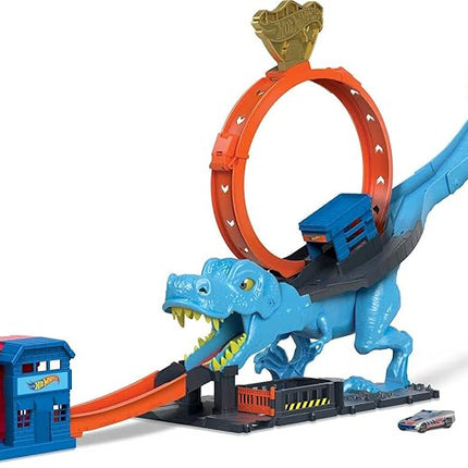 Hot Wheels City Track Set with 1 Toy Car, Race Through a Giant Loop to Defeat a Big Dinosaur, T-Rex Loop Stunt and Race Playset