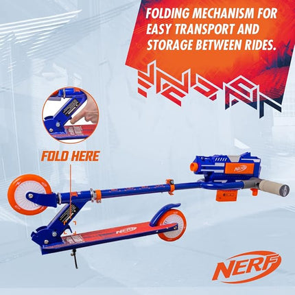 NERF Kick Scooter for Kids, Dual Barrel Blaster Fires Up to 40 Feet, Supports Up to 150lbs, Rear Brake, Sturdy Steel Frame, Wide Surface Textured Molded Deck, Outdoor Activities for Boys/Girls