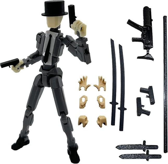 3D Printed 5.54-inch Multi-Jointed Action Figures Dummy13, Full Body Mechanical Movable Toy, Multiple Accessories, Hand Painted Figure, Desk Decoration, Creative Gifts (Y-Gray Gentleman)