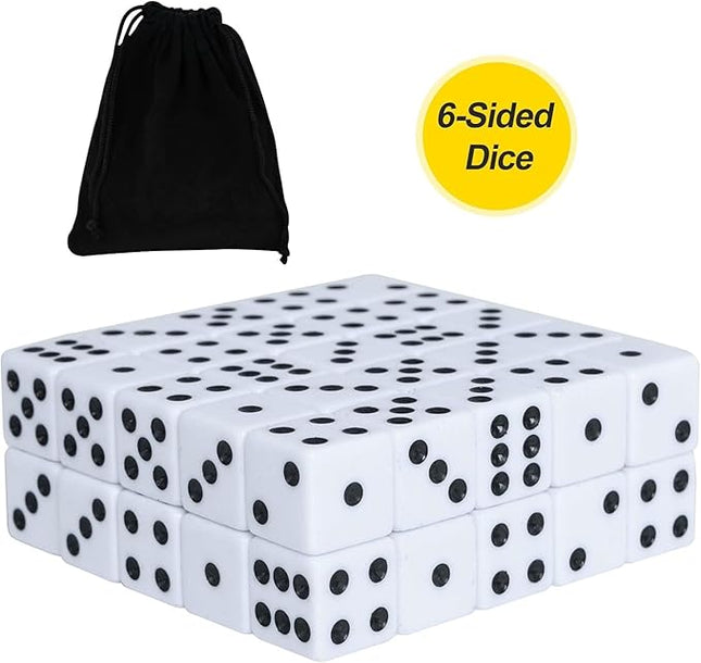 50 Pack 16MM White Dice - Six Sided Standard Opaque White Dice with Black Pips Dots for Board Games