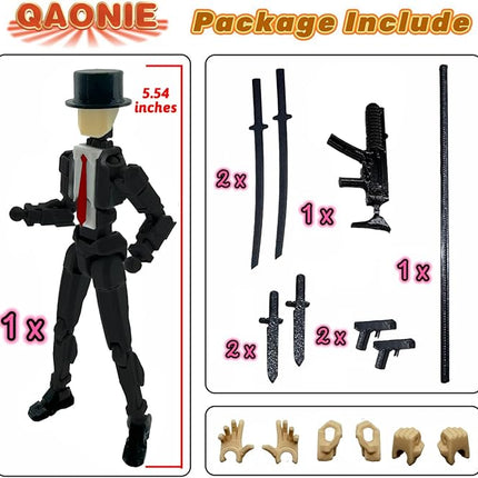 3D Printed 5.54-inch Multi-Jointed Action Figures Dummy13, Full Body Mechanical Movable Toy, Multiple Accessories, Hand Painted Figure, Desk Decoration, Creative Gifts (Y-Black Gentleman)