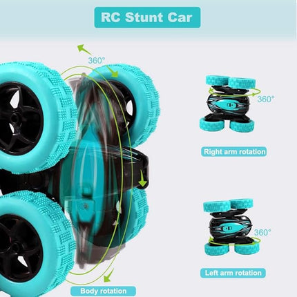 Remote Control Car: Double Sided 360°Rotating 4WD RC Cars 2.4GHz Electric Race Stunt Toy Car Rechargeable Toy Cars for 6 7 8 9 10 11 12 Year Old Boys Girls Kids Christmas Birthday Gifts Cyan