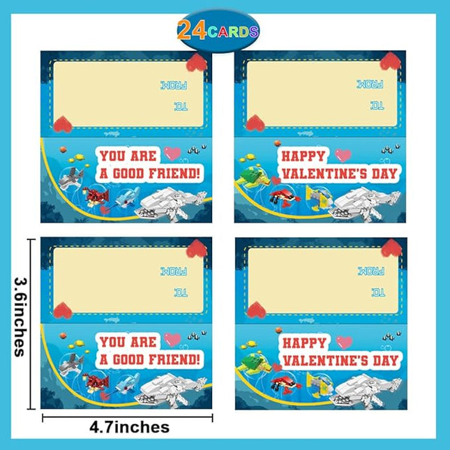 WODMAZ Valentines Day Cards with Sea Animal Building Blocks, 24 Packs Valentine Gift Ocean Building Toys Set for Kids Classroom Party Favor, Valentine Gift Exchange, Valentine’s Greeting Cards