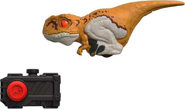 Mattel Jurassic World Dominion Uncaged Dinosaur Toy with Clicker-Controlled Motion & Sound, Click Tracker Atrociraptor Tiger Dino Action Figure