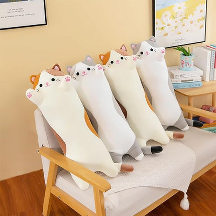 Cat Plush Stuffed Animals Cute Long Cat Body Pillow Plushies Soft Huggable Kitty Pillows for Girls Kids Adults Cat Lovers (New Beige, 27inch)