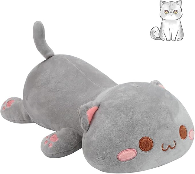 AFAN Cat Stuffed Animals Plush Cute Soft Cat Plush Pillow Toys Kawaii Plushies Room Decor Gifts for Kids Girls Boys (Round Eyes, Grey, 13.7 Inch)