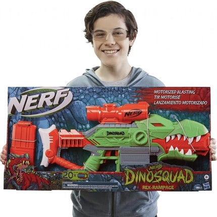 Nerf DinoSquad Rex-Rampage Motorised Blaster, 10-Dart Clip, 20 Darts, T-Rex Dinosaur Design, 8.6 x 61 x 34 cm