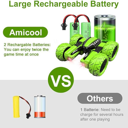 Remote Control Car for Kids 3-12 Years Old, Birthday Gift Toy for Boys Age 4 5 6 7 8, RC Car Stunt with Light 4WD Double Side Racing Vehicle 360° Flips Offroad Indoor Outdoor Sand Grass Garden Green